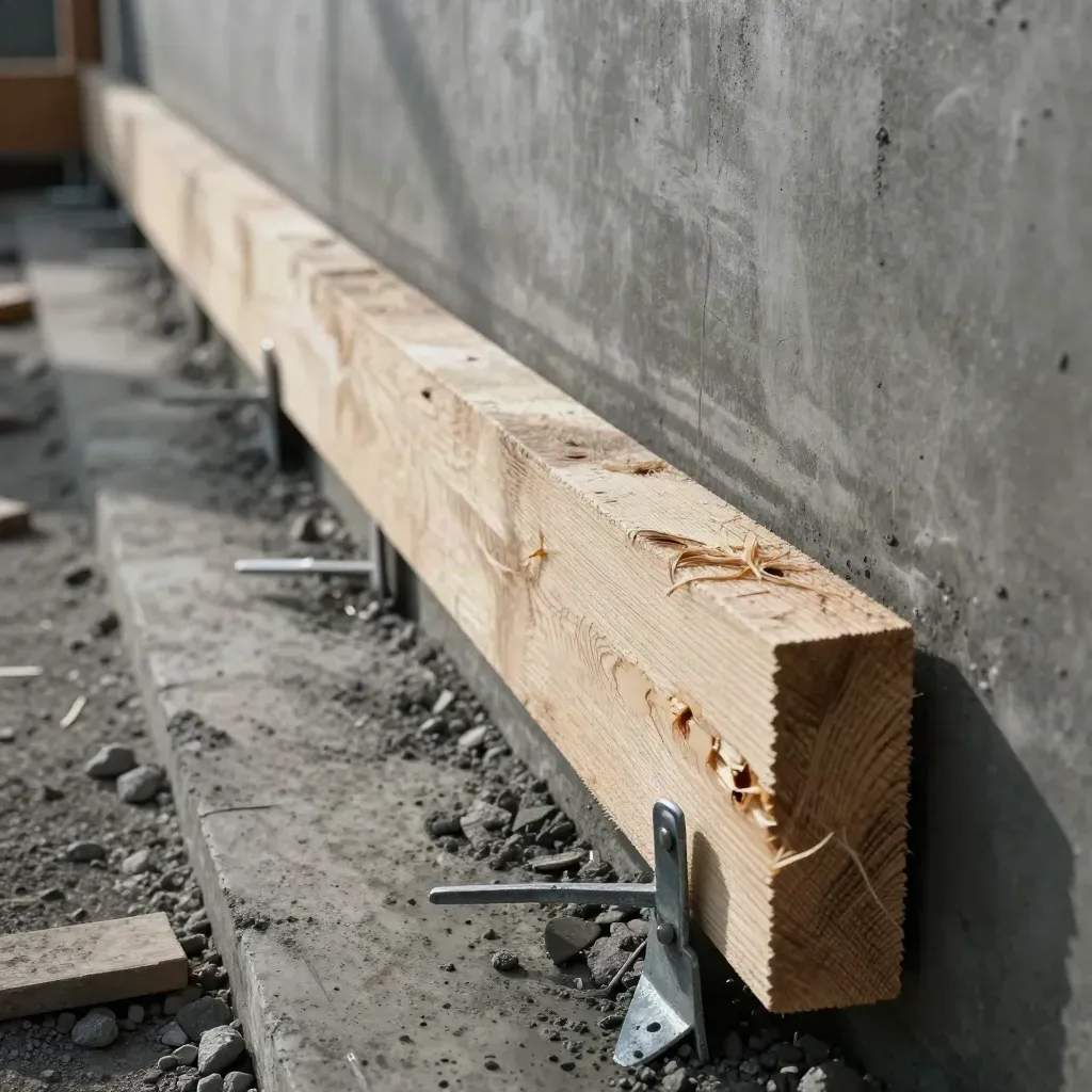 Formarbete med raka träformar, kilar och klämmor på en byggarbetsplats.