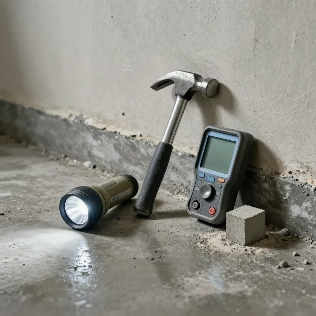 Inspektionsverktyg på en reparerad betongyta i källarljus