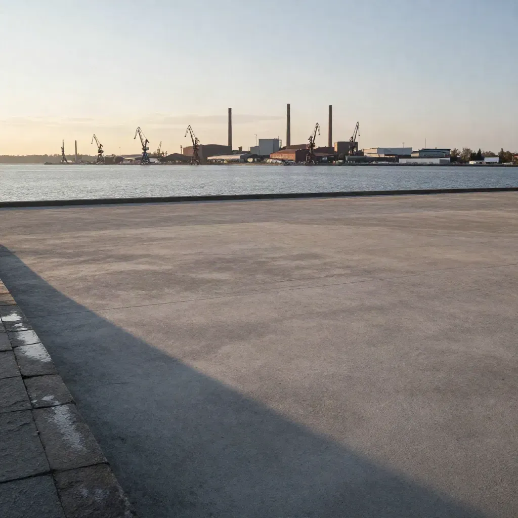 Industrisiluett vid Mälaren med lugn betongyta i varmt kvällsljus.